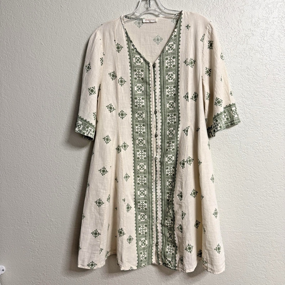 Spighe Di Lino Dress Womens Medium White Green Linen Boho Button Front Italy